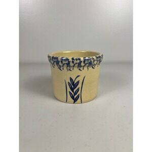 RRP Co Roseville Ohio Vintage Stoneware Crock 1 Pt Low Blue Wheat Spongeware